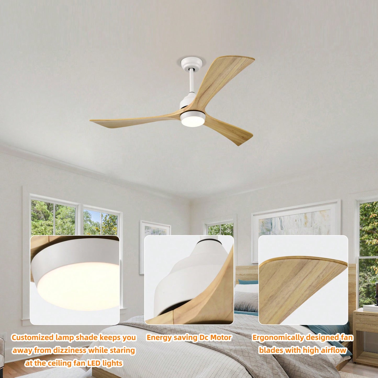 52 Inch Wood Design Ceiling Fan with Remote Control Quiet DC Motor 6 Speed Reversible Blades for Indoor Outdoor Use