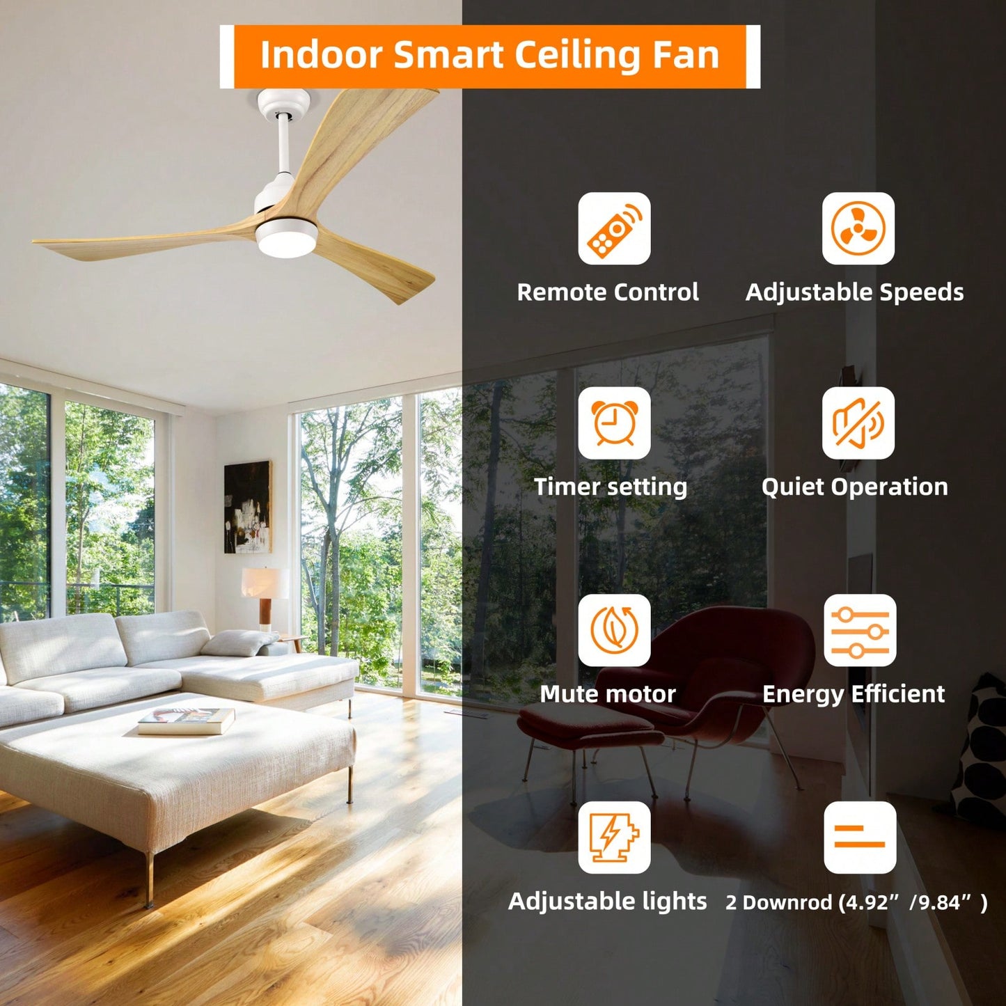 52 Inch Wood Design Ceiling Fan with Remote Control Quiet DC Motor 6 Speed Reversible Blades for Indoor Outdoor Use