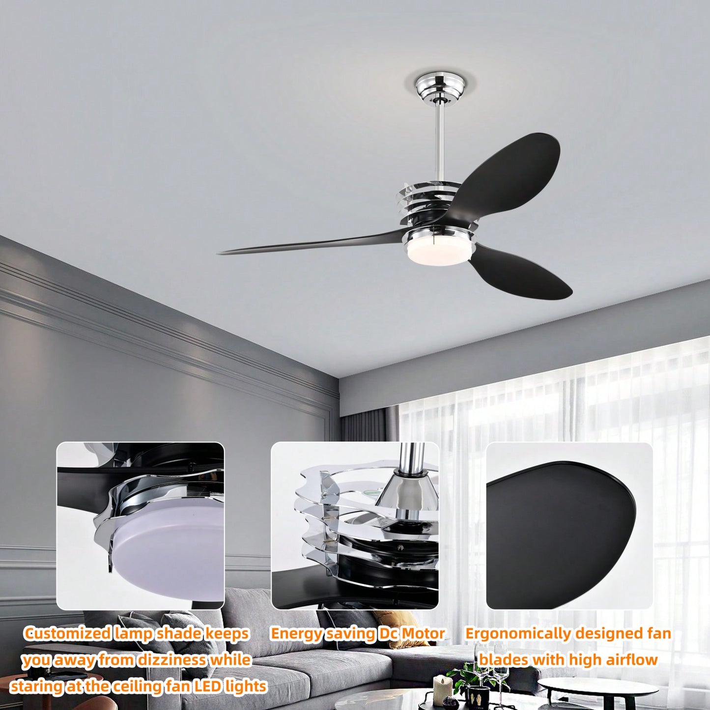 52 Inch Modern Ceiling Fan with LED Lights Remote Control DC Motor 5 Speed Adjustable ABS Blades Indoor Use