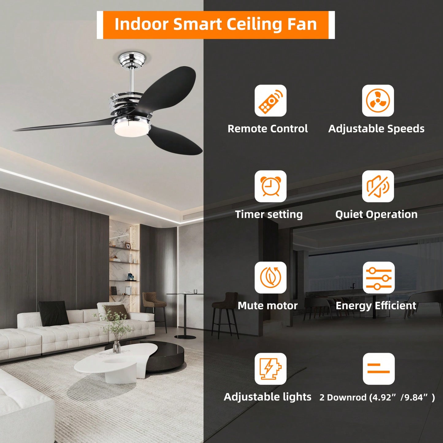 52 Inch Modern Ceiling Fan with LED Lights Remote Control DC Motor 5 Speed Adjustable ABS Blades Indoor Use