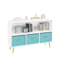 Kids Bookcase with Collapsible Fabric Drawers for Toy and Book Storage White Blue MDF Pine Legs Safe Easy Setup