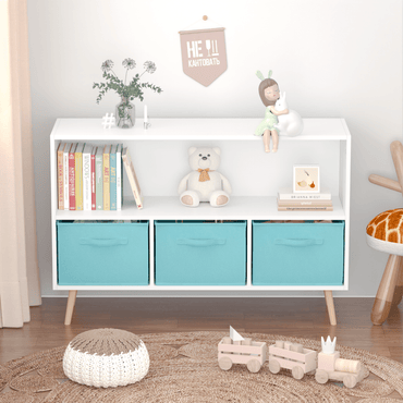 Kids Bookcase with Collapsible Fabric Drawers for Toy and Book Storage White Blue MDF Pine Legs Safe Easy Setup