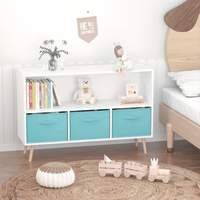 Kids Bookcase with Collapsible Fabric Drawers for Toy and Book Storage White Blue MDF Pine Legs Safe Easy Setup