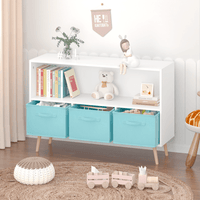 Kids Bookcase with Collapsible Fabric Drawers for Toy and Book Storage White Blue MDF Pine Legs Safe Easy Setup