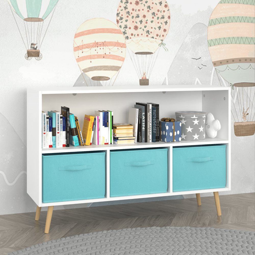 Kids Bookcase with Collapsible Fabric Drawers for Toy and Book Storage White Blue MDF Pine Legs Safe Easy Setup