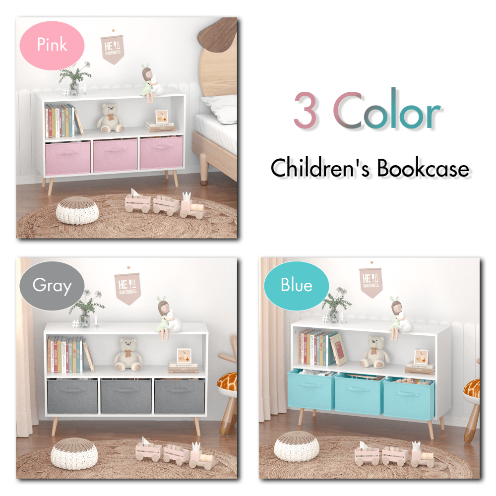 Kids Bookcase with Collapsible Fabric Drawers for Toy and Book Storage White Blue MDF Pine Legs Safe Easy Setup