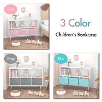 Kids Bookcase with Collapsible Fabric Drawers for Toy and Book Storage White Blue MDF Pine Legs Safe Easy Setup