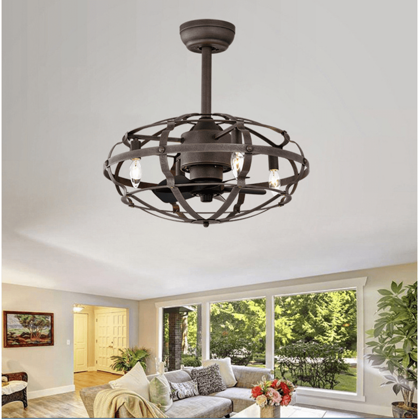 Bladeless Industrial Ceiling Fan Light Kit with Remote Control Reversible Motor for Low Profile Ceilings All Seasons Use