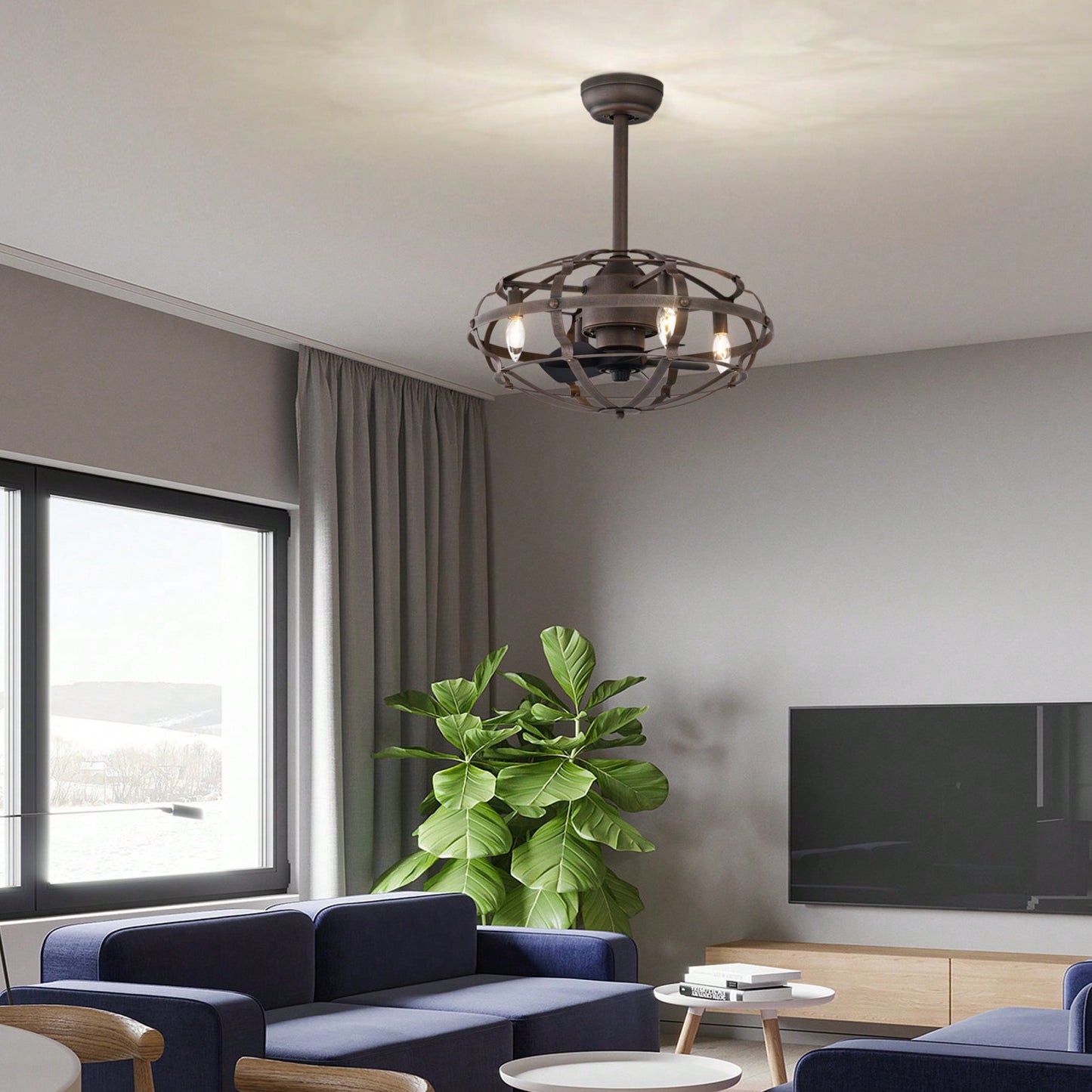 Bladeless Industrial Ceiling Fan Light Kit with Remote Control Reversible Motor for Low Profile Ceilings All Seasons Use