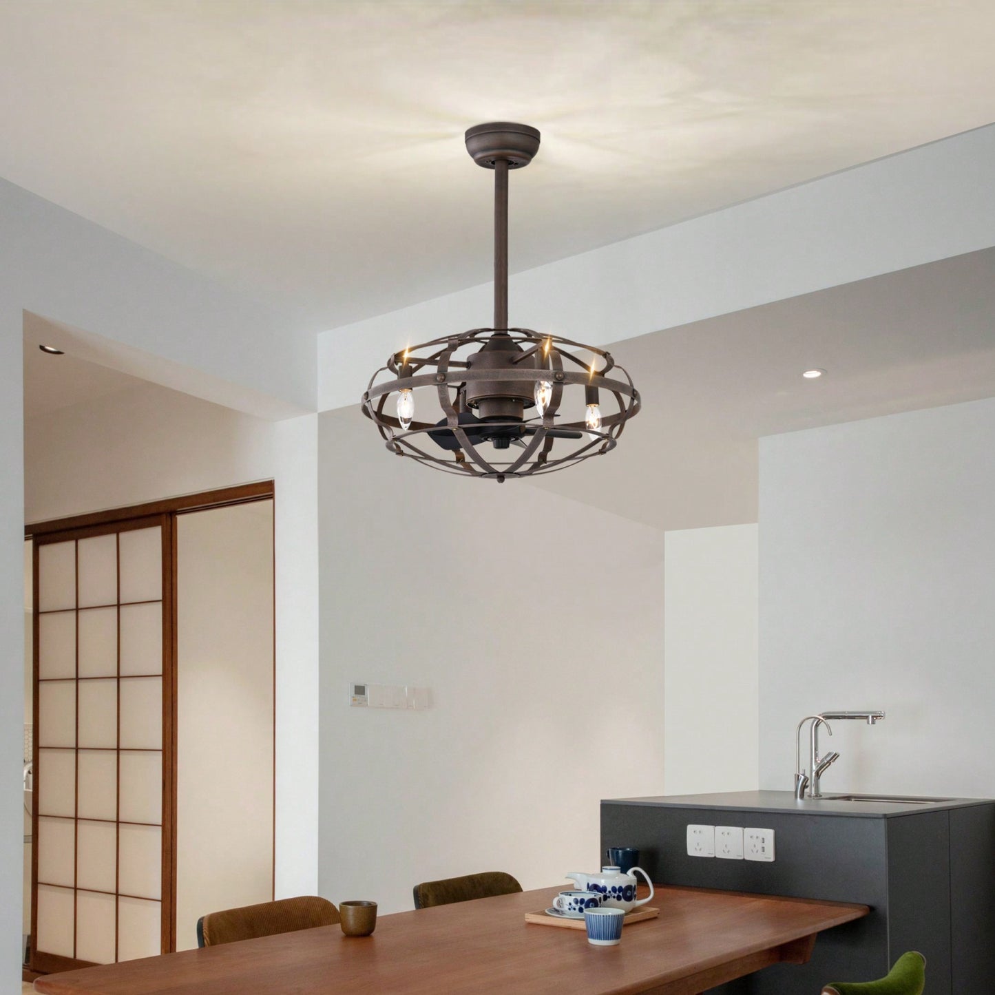 Bladeless Industrial Ceiling Fan Light Kit with Remote Control Reversible Motor for Low Profile Ceilings All Seasons Use