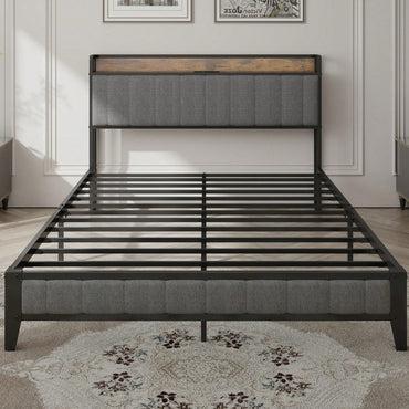 Vintage Full Size Bed Frame with Charging Station Upholstered Headboard Heavy-Duty Metal Slats No Box Spring Needed