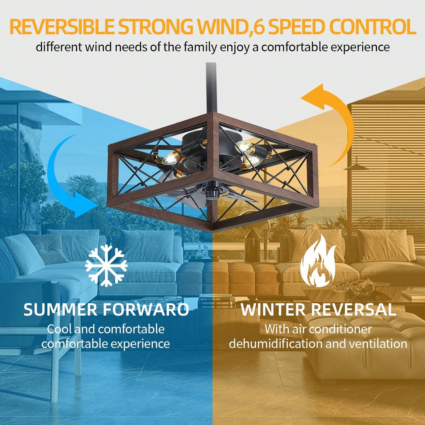 18 Inch Caged Ceiling Fan with Remote Control 6 Speeds Reversible DC Motor Lights 4 E12 Bulbs for 10-15㎡ Rooms