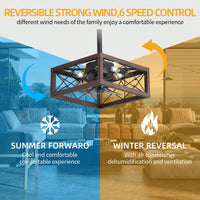 18 Inch Caged Ceiling Fan with Remote Control 6 Speeds Reversible DC Motor Lights 4 E12 Bulbs for 10-15㎡ Rooms