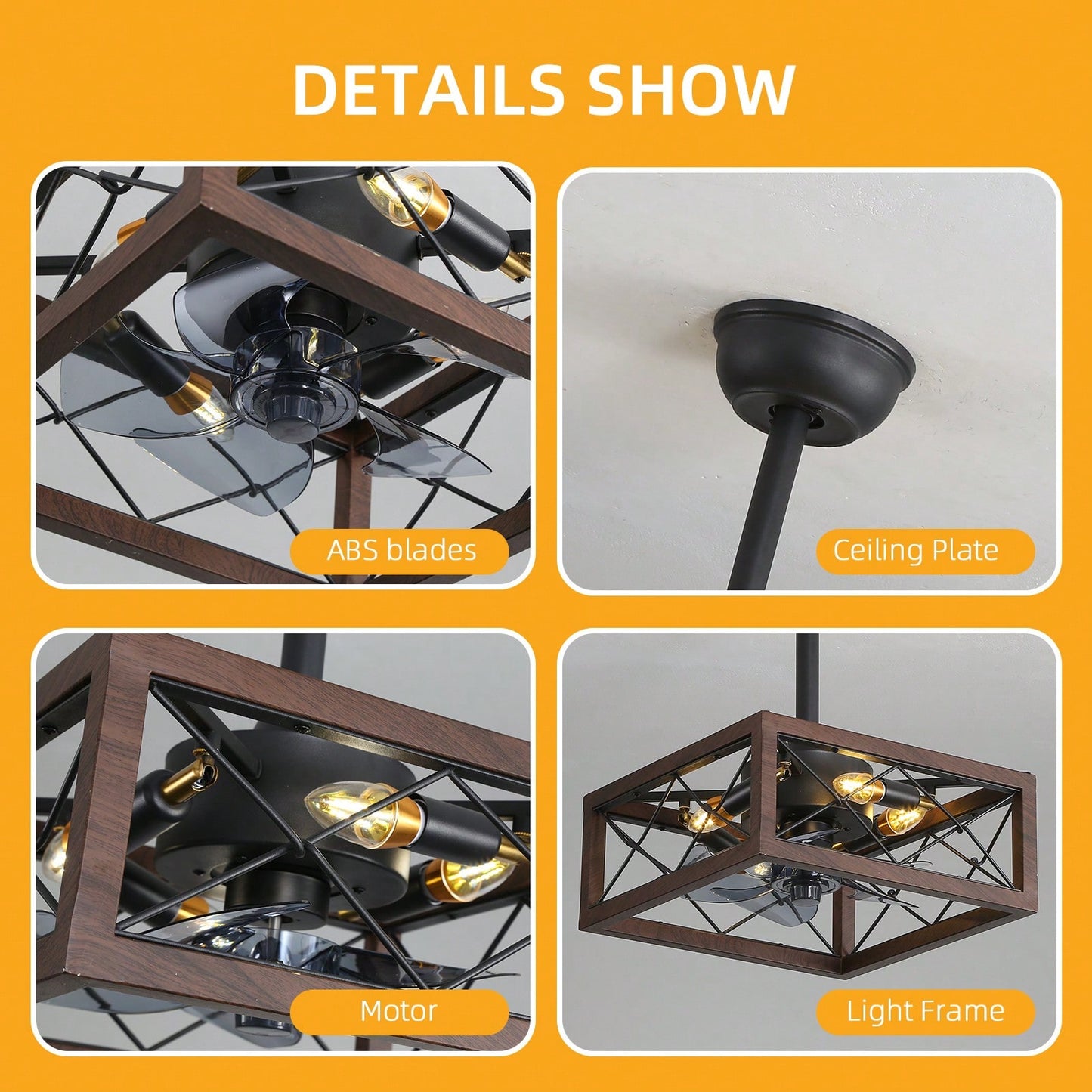 18 Inch Caged Ceiling Fan with Remote Control 6 Speeds Reversible DC Motor Lights 4 E12 Bulbs for 10-15㎡ Rooms