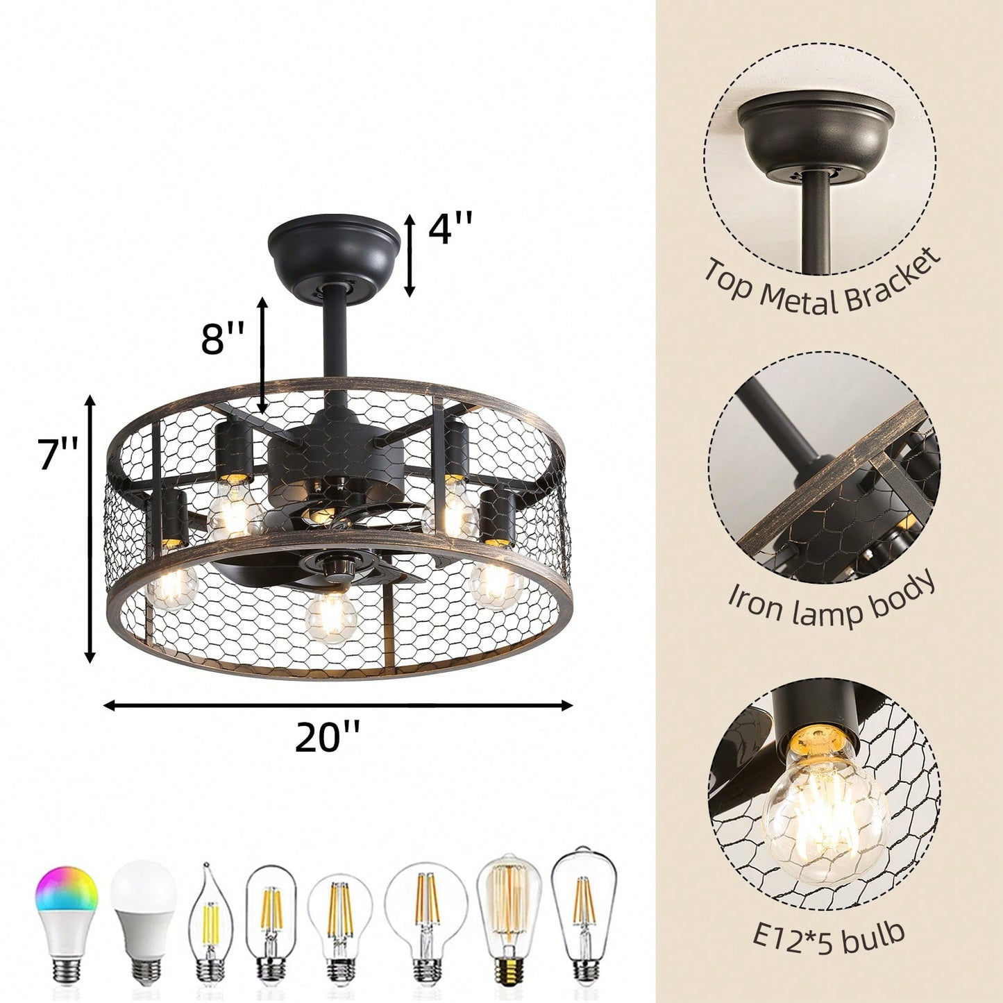 19.7In Ceiling Fan With Light And Remote Control, APP Control, 6 Wind Speeds, Reverse Function, Wide Application, E26 Bulbs Included