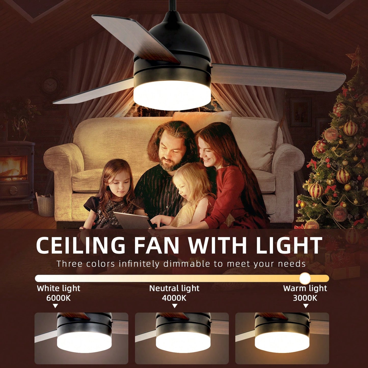 48 Inch Modern LED Ceiling Fan with Remote Control Wood Blades 6 Speeds Reverse Function 3 Color Light Ideal for Living Room Bedroom Kitchen