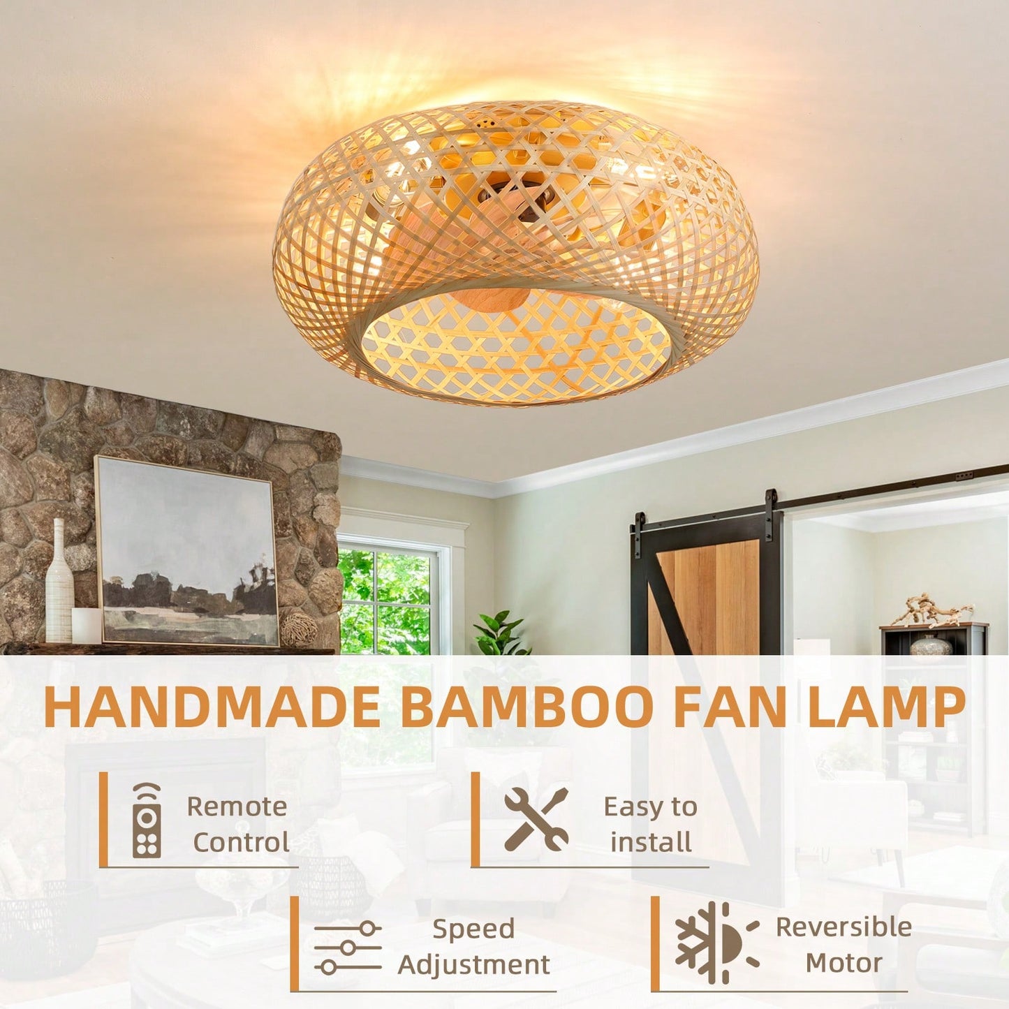 20 Inch Rustic Bamboo Ceiling Fan with Lights Remote APP Control Reversible DC Motor 6 Speeds Warm Light E26 Bulbs