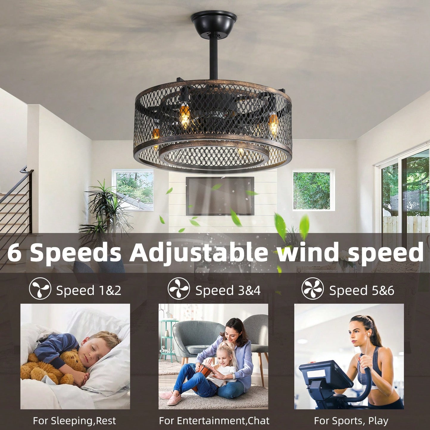 20 Inch Remote Control Caged Ceiling Fan with Lights 6 Speeds Timer Reversible DC Motor for Bedroom and Living Room