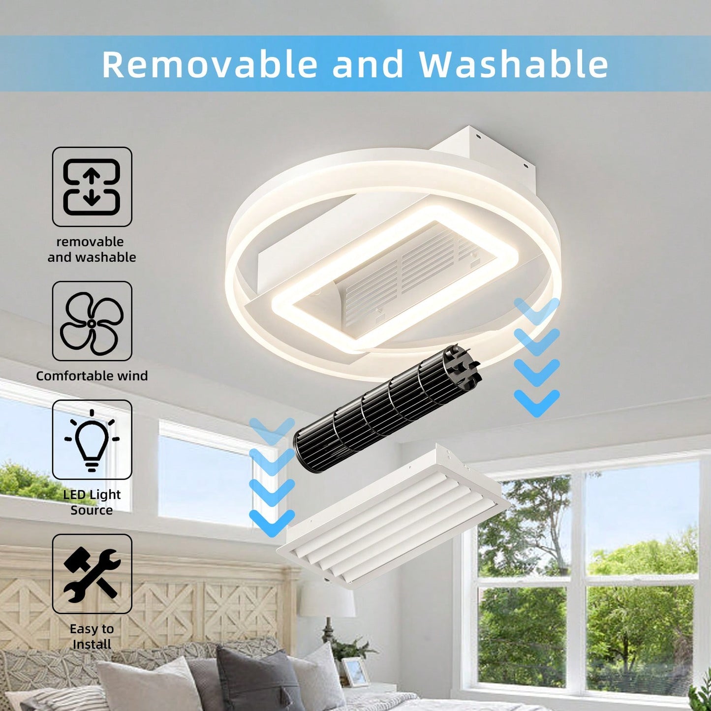 20-Inch Modern Leafless Ceiling Fan With Remote Control, Washable And Reversible Motor - Sleek Design For Any Room, Easy To Use And Maintain