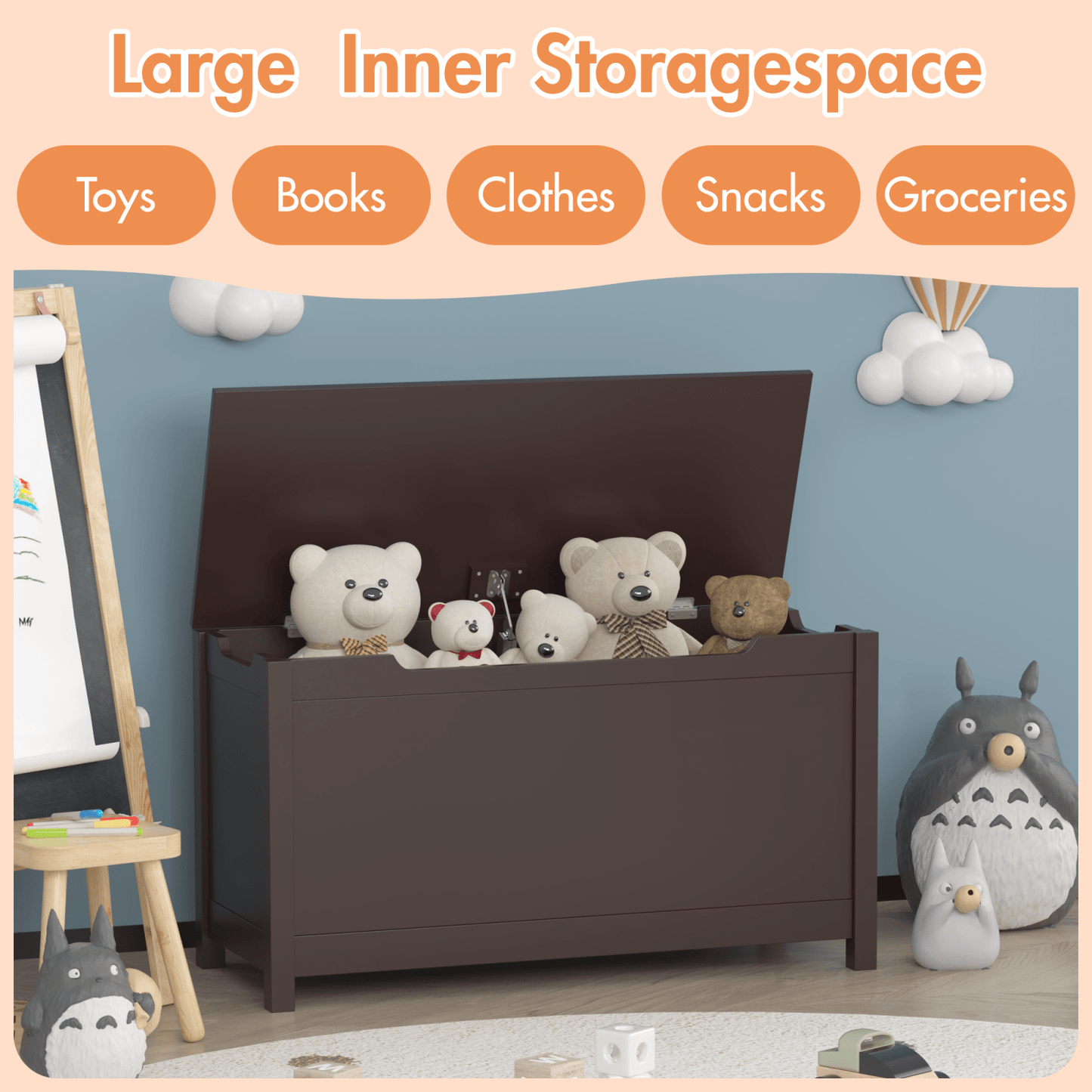 Wooden Toy Storage Box with Safety Hinged Lid for Kids Easy Assembly Spacious Design Ideal for Organizing Toys Ages 3+ Coffee Color