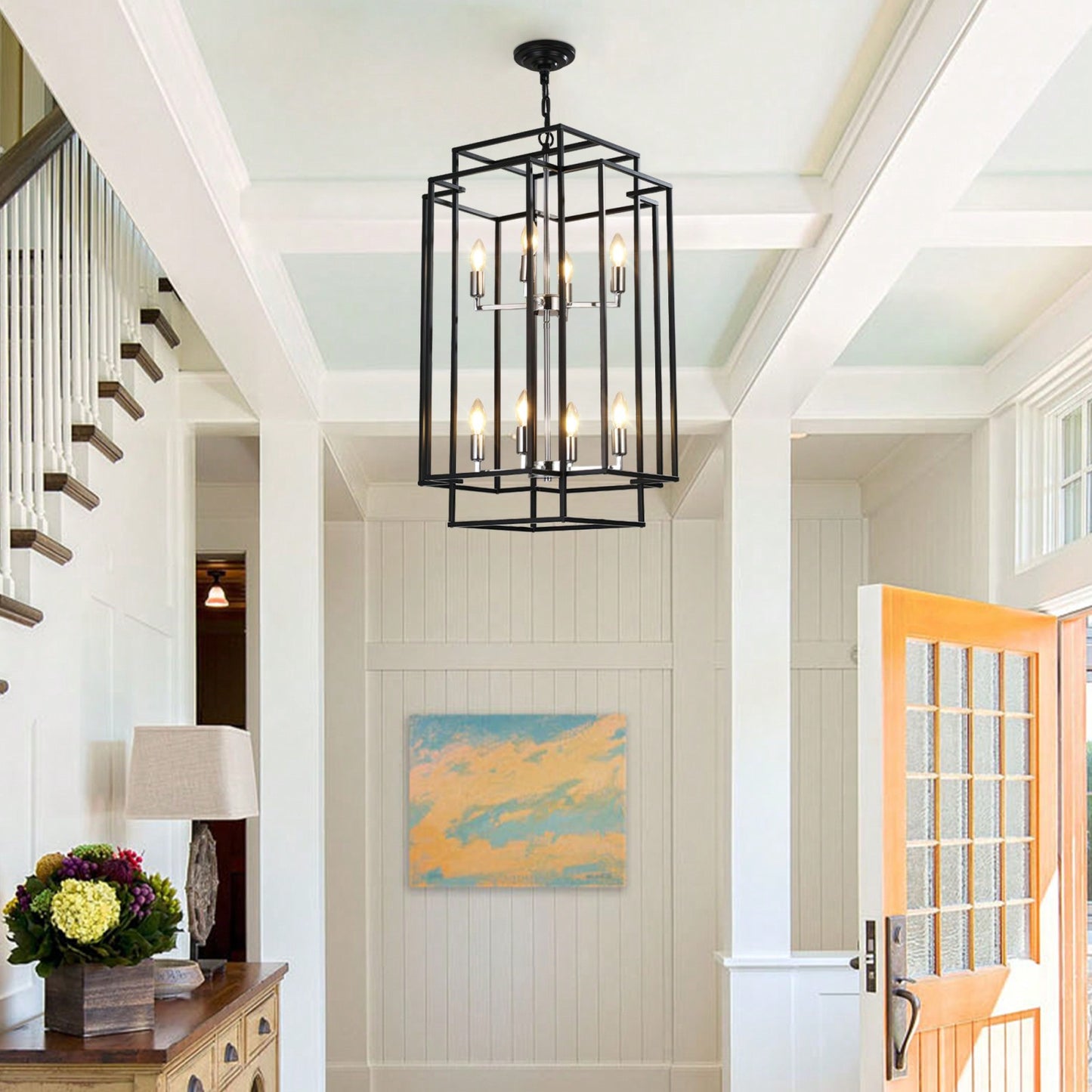Industrial Farmhouse Pendant Chandelier for Entryway Living Room Kitchen Adjustable Height Durable Metal Frame
