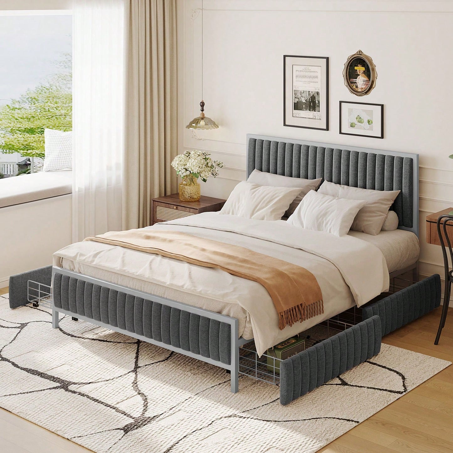 Queen Size Upholstered Metal Bed Frame with 4 Storage Drawers in Gray Linen for Stylish Space Organization