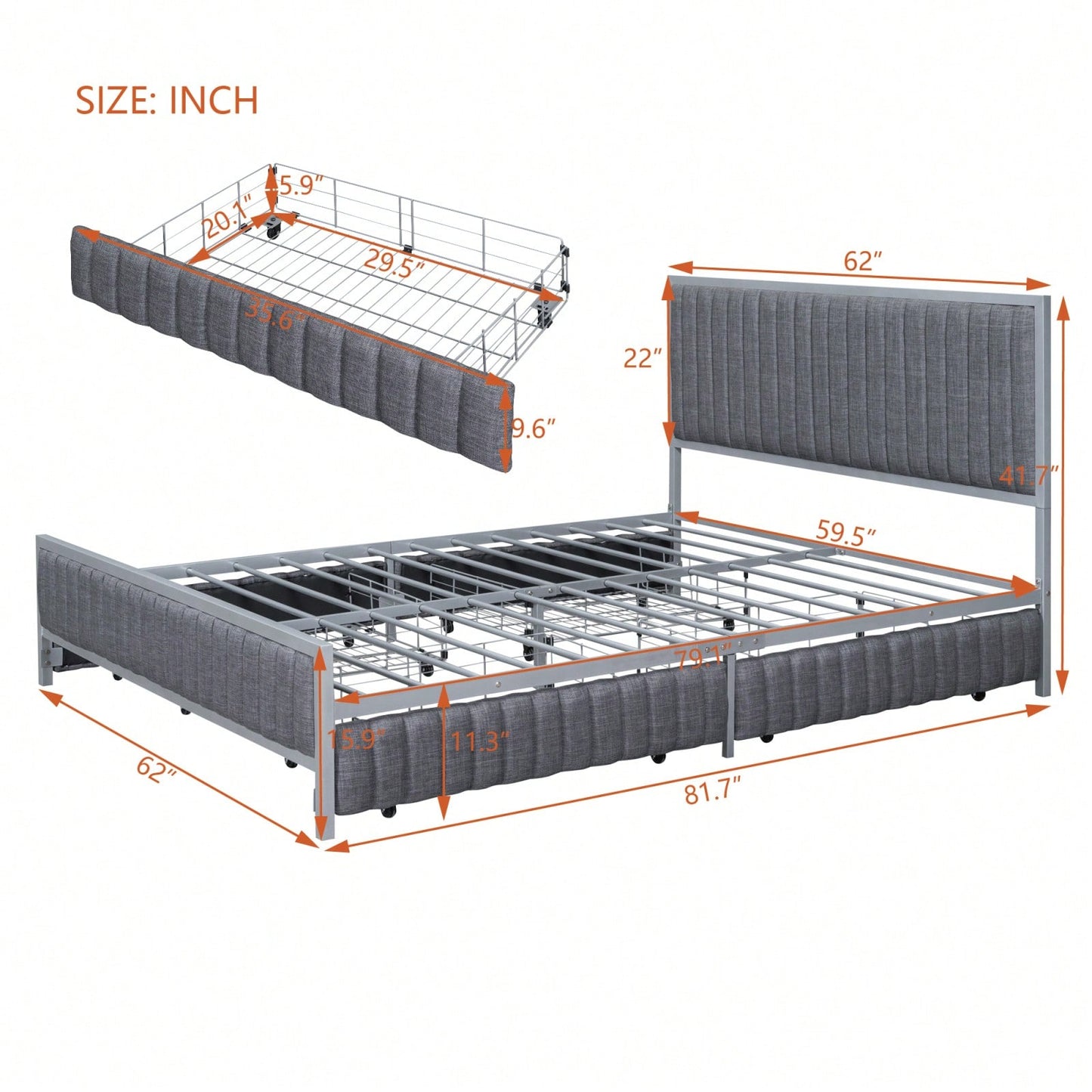 Queen Size Upholstered Metal Bed Frame with 4 Storage Drawers in Gray Linen for Stylish Space Organization