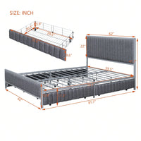 Queen Size Upholstered Metal Bed Frame with 4 Storage Drawers in Gray Linen for Stylish Space Organization