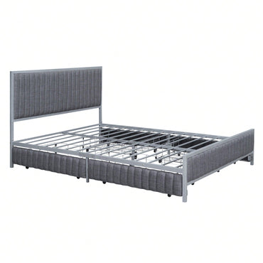 Queen Size Upholstered Metal Bed Frame with 4 Storage Drawers in Gray Linen for Stylish Space Organization