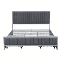 Queen Size Upholstered Metal Bed Frame with 4 Storage Drawers in Gray Linen for Stylish Space Organization