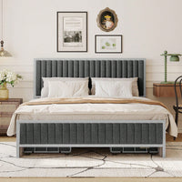 Queen Size Upholstered Metal Bed Frame with 4 Storage Drawers in Gray Linen for Stylish Space Organization