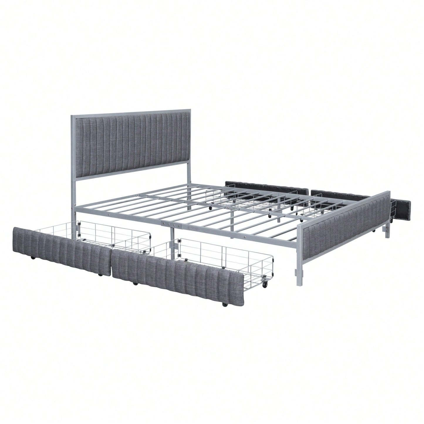 Queen Size Upholstered Metal Bed Frame with 4 Storage Drawers in Gray Linen for Stylish Space Organization