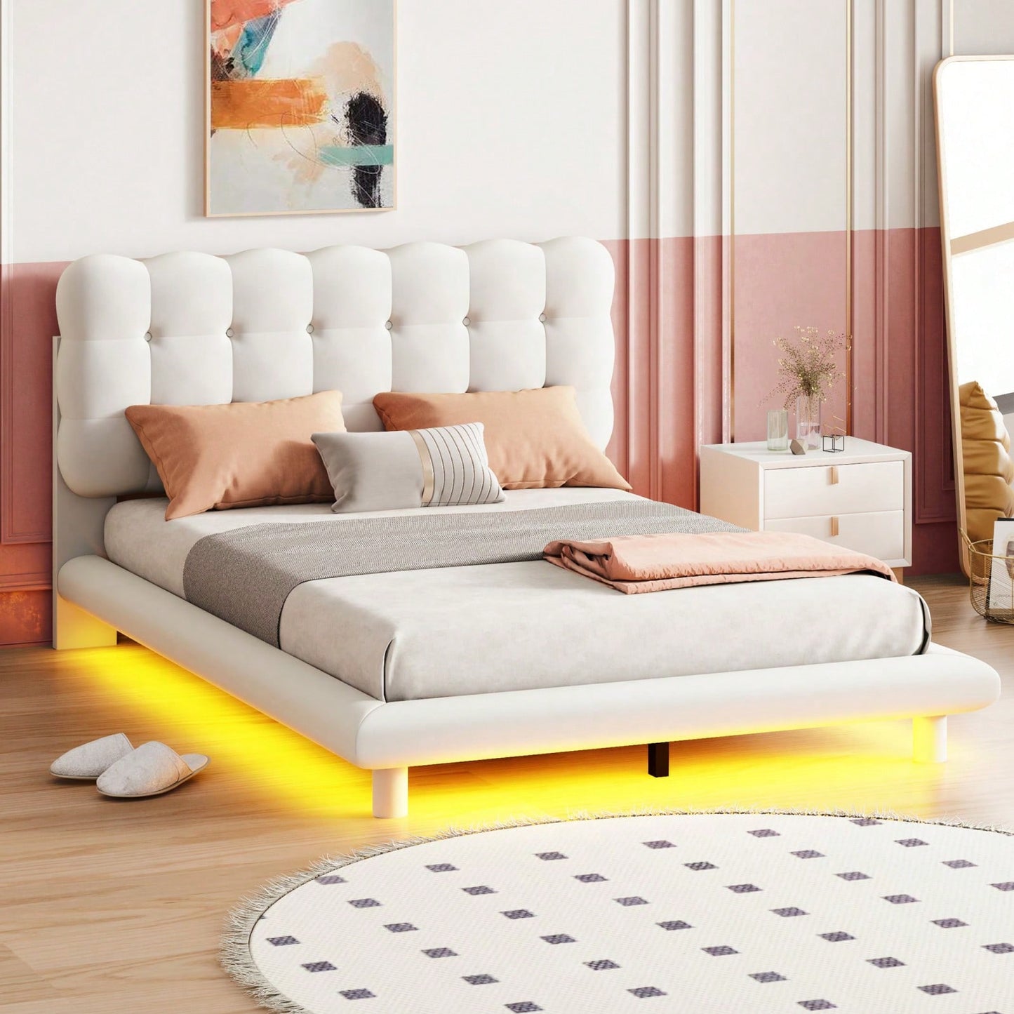 Modern Velvet Platform Bed with LED Lights and Button-Tufted Headboard for Ultimate Comfort and Style