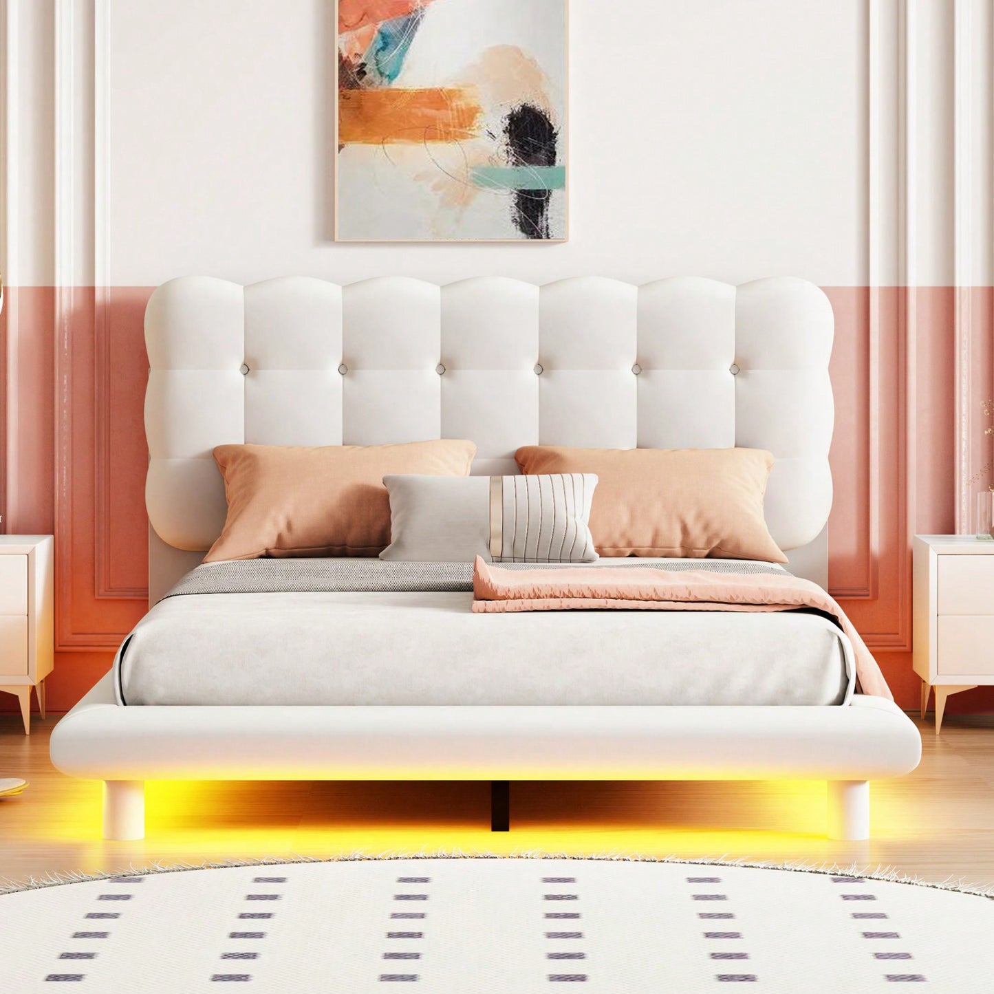 Modern Velvet Platform Bed with LED Lights and Button-Tufted Headboard for Ultimate Comfort and Style