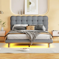 Modern Velvet Platform Bed with LED Lights and Button-Tufted Headboard for Ultimate Comfort and Style