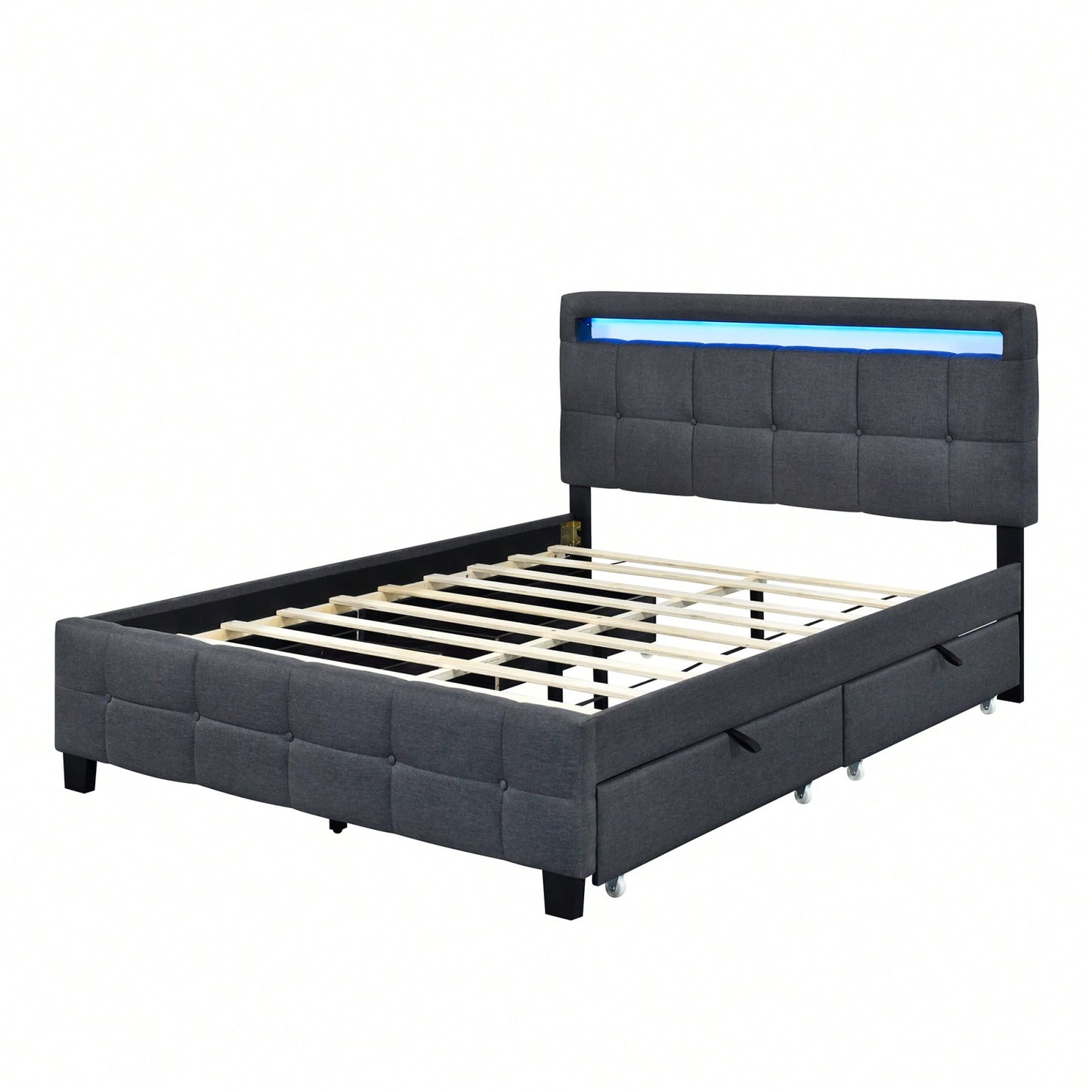 Modern Queen Size Upholstered Platform Bed with LED RGB Lights and Storage Drawers Gray Linen Fabric 500lbs Capacity 86.6L x 63W x 43.7H