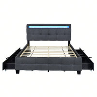 Modern Queen Size Upholstered Platform Bed with LED RGB Lights and Storage Drawers Gray Linen Fabric 500lbs Capacity 86.6L x 63W x 43.7H