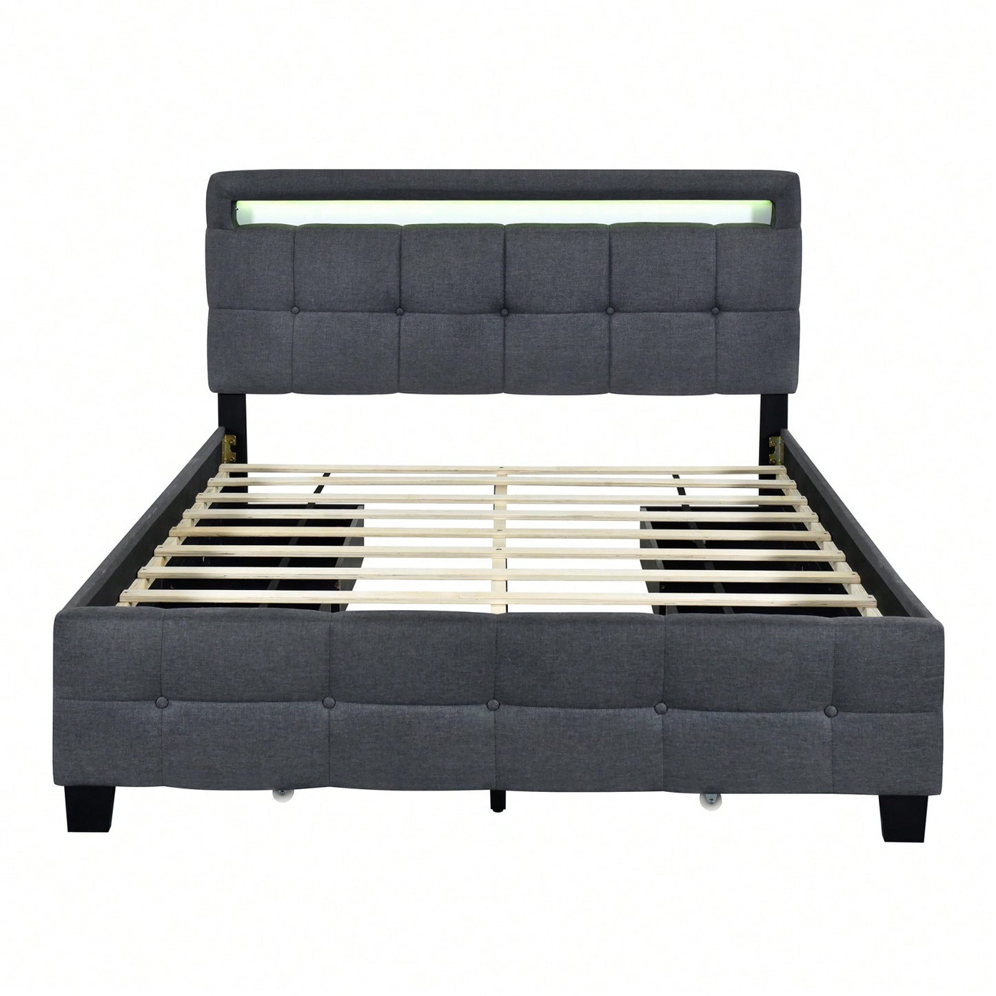 Modern Queen Size Upholstered Platform Bed with LED RGB Lights and Storage Drawers Gray Linen Fabric 500lbs Capacity 86.6L x 63W x 43.7H