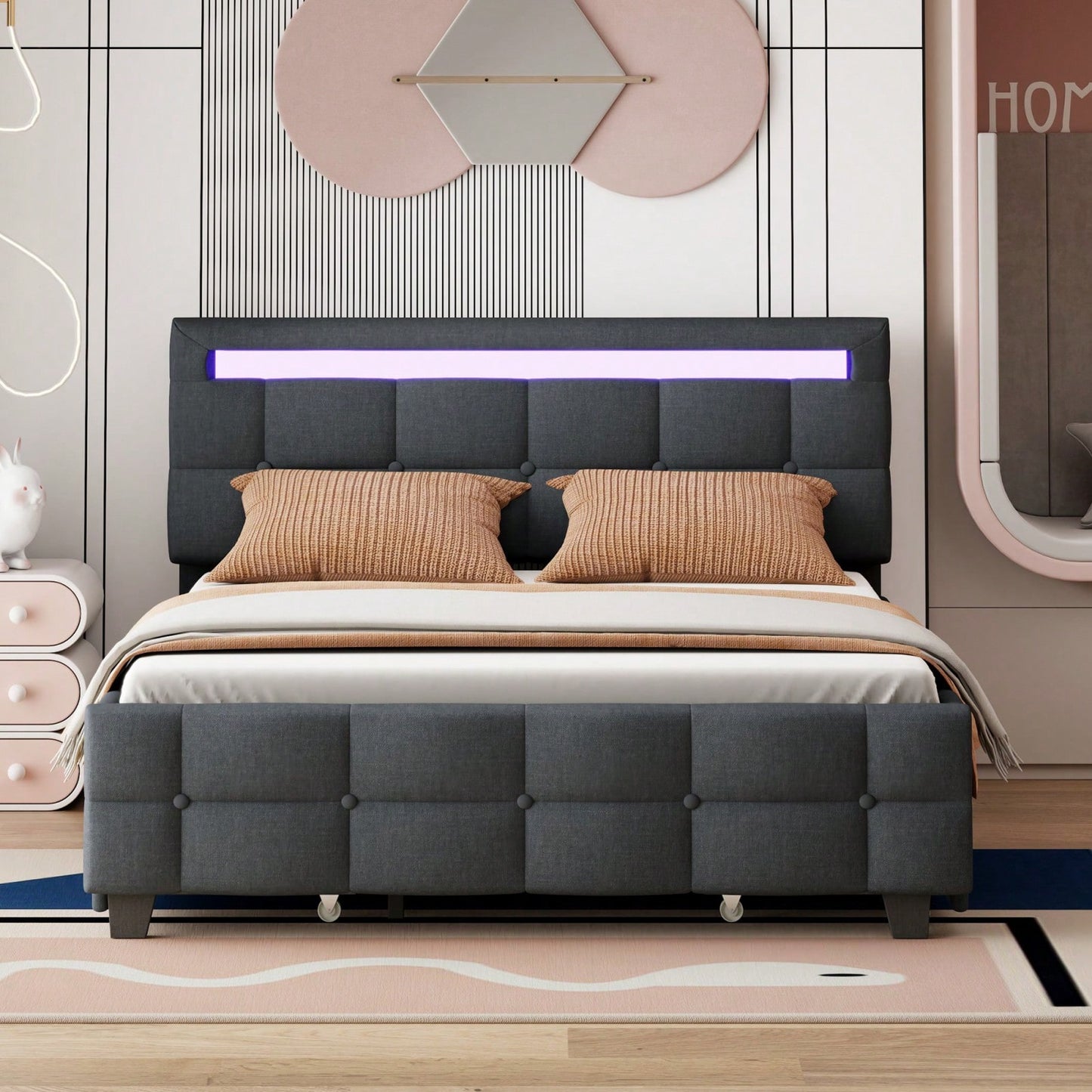 Modern Queen Size Upholstered Platform Bed with LED RGB Lights and Storage Drawers Gray Linen Fabric 500lbs Capacity 86.6L x 63W x 43.7H