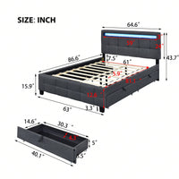 Modern Queen Size Upholstered Platform Bed with LED RGB Lights and Storage Drawers Gray Linen Fabric 500lbs Capacity 86.6L x 63W x 43.7H