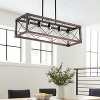 5-Light Industrial Farmhouse Chandelier Adjustable Pendant Light Fixture for Kitchen Dining Room Wood Frame Design Bulbs Not Included