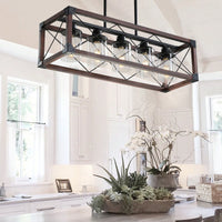 5-Light Industrial Farmhouse Chandelier Adjustable Pendant Light Fixture for Kitchen Dining Room Wood Frame Design Bulbs Not Included