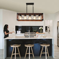 5-Light Industrial Farmhouse Chandelier Adjustable Pendant Light Fixture for Kitchen Dining Room Wood Frame Design Bulbs Not Included