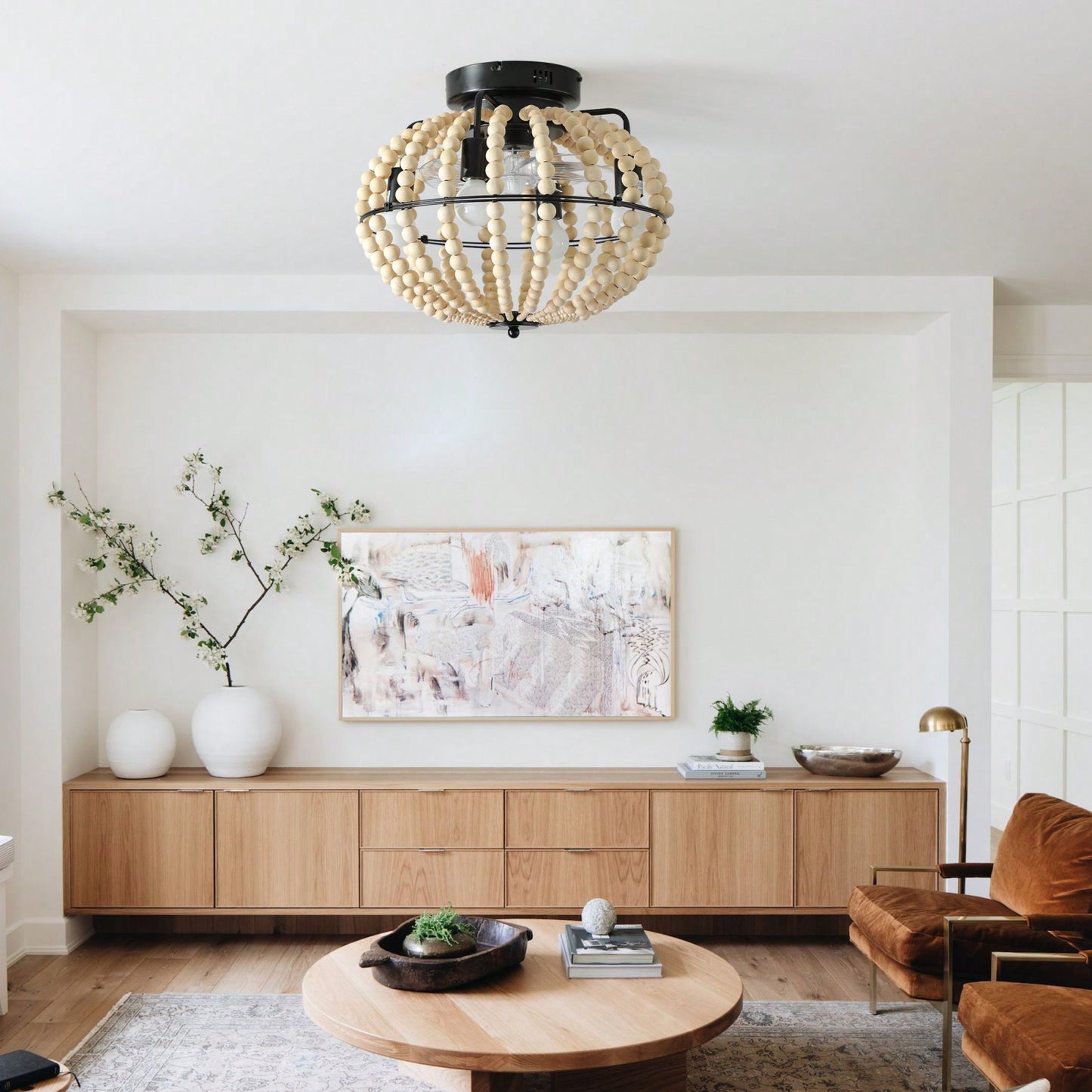 Rustic Boho Beaded Chandelier with Fan Light Fixture for Entryway Bedroom Kitchen Antique Style Home Lighting 4 Bulb Required