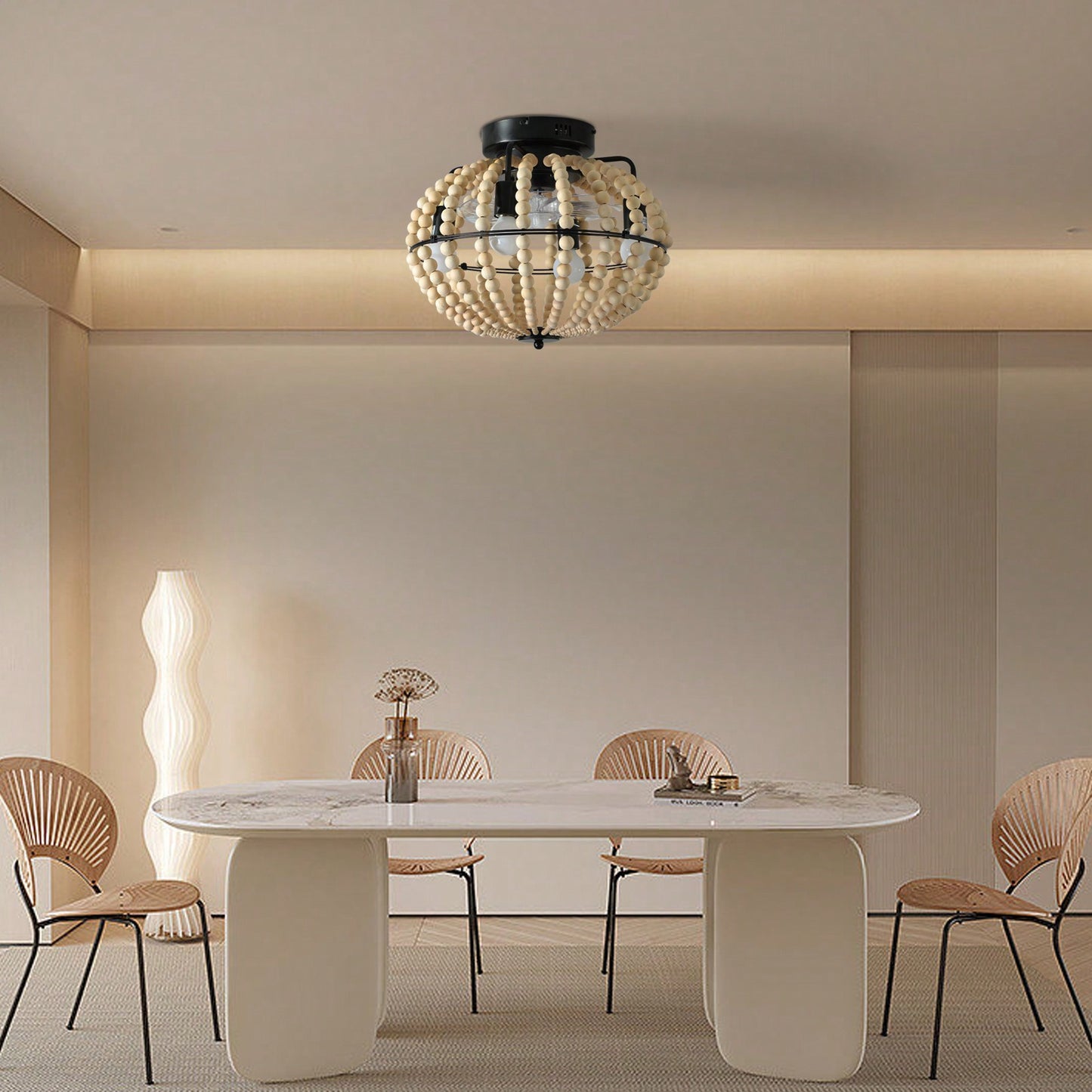 Rustic Boho Beaded Chandelier with Fan Light Fixture for Entryway Bedroom Kitchen Antique Style Home Lighting 4 Bulb Required