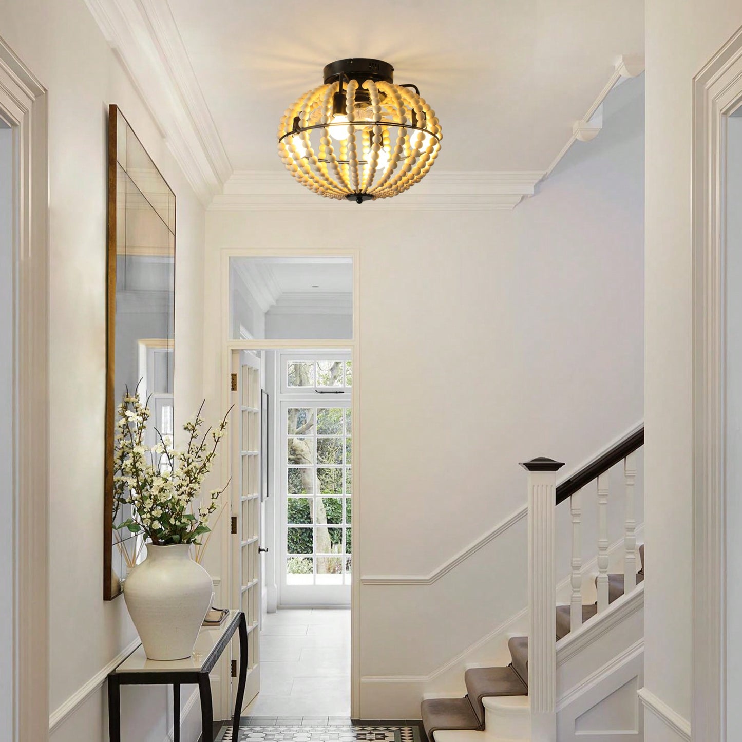 Rustic Boho Beaded Chandelier with Fan Light Fixture for Entryway Bedroom Kitchen Antique Style Home Lighting 4 Bulb Required