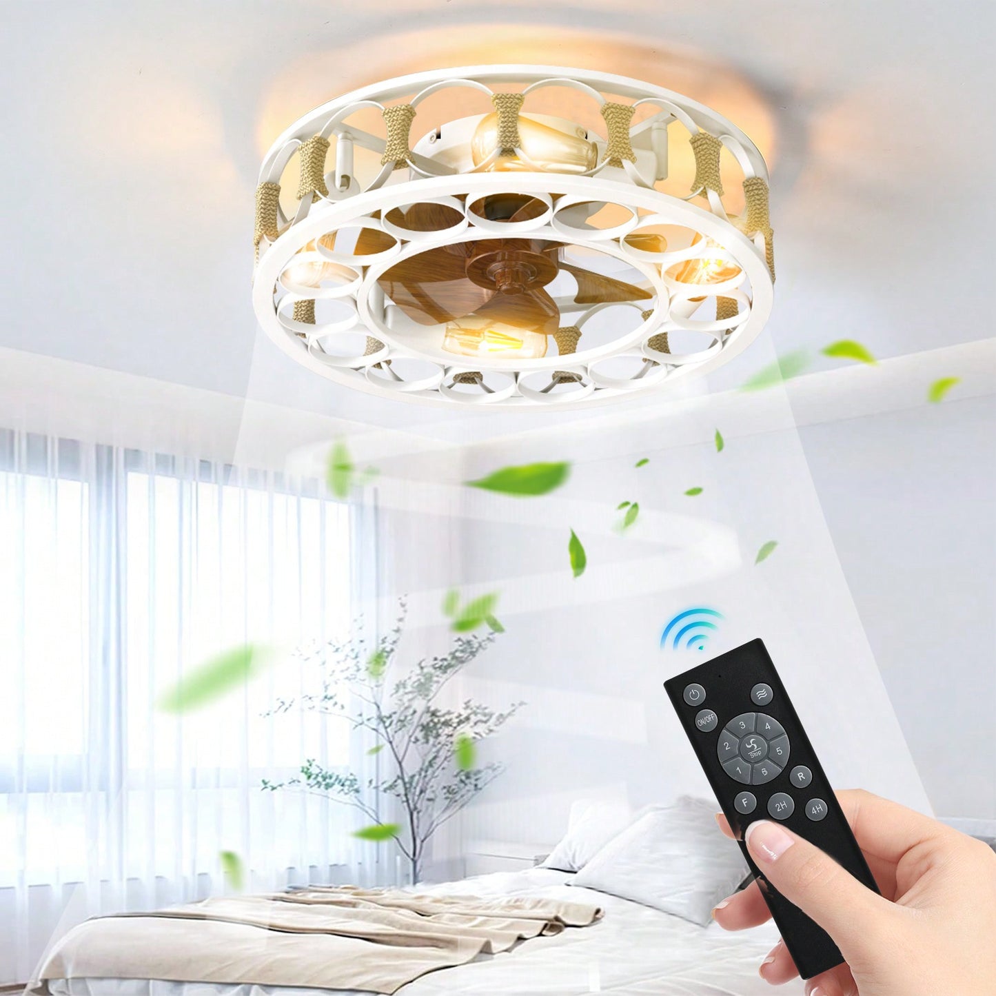 Modern Caged Ceiling Fan with Remote Control 6 Speed Reversible Blades LED Lights for Living Room Bedroom Kitchen Office Patio