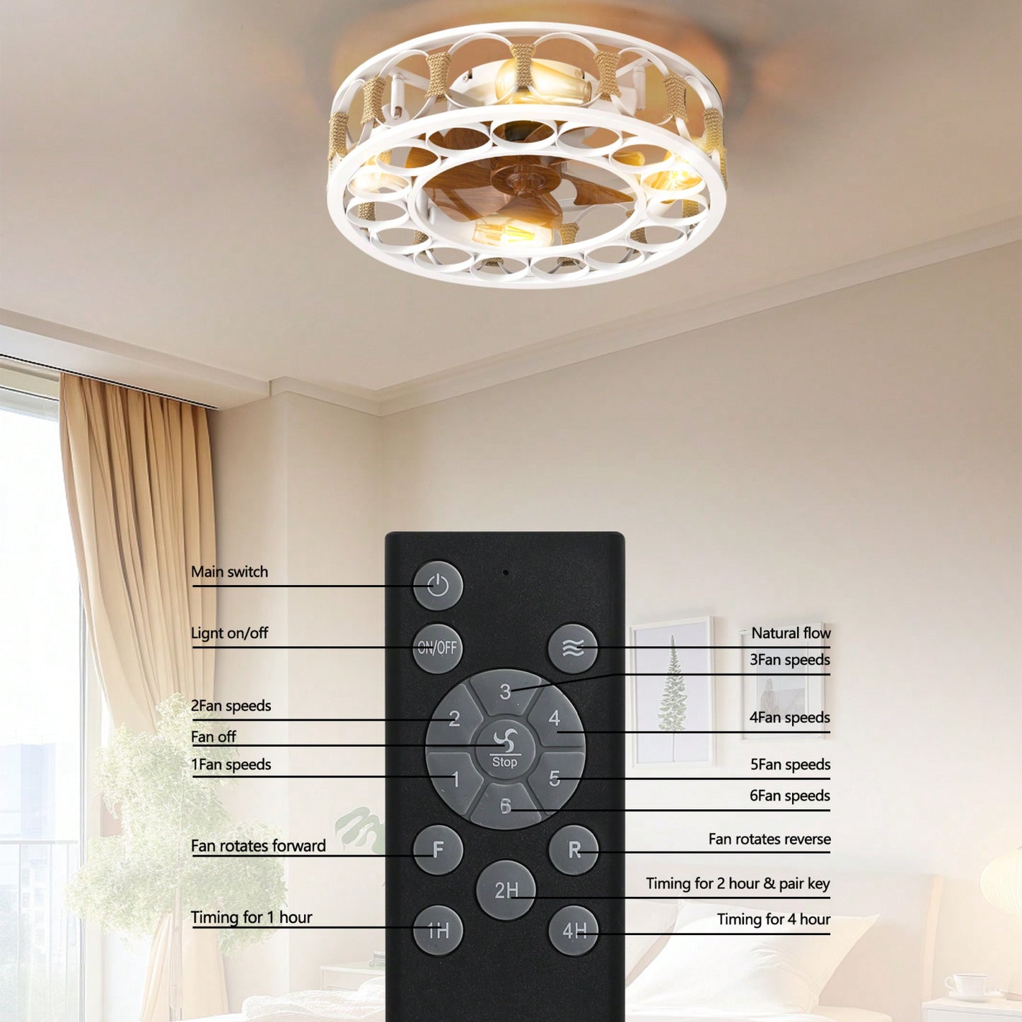 Modern Caged Ceiling Fan with Remote Control 6 Speed Reversible Blades LED Lights for Living Room Bedroom Kitchen Office Patio