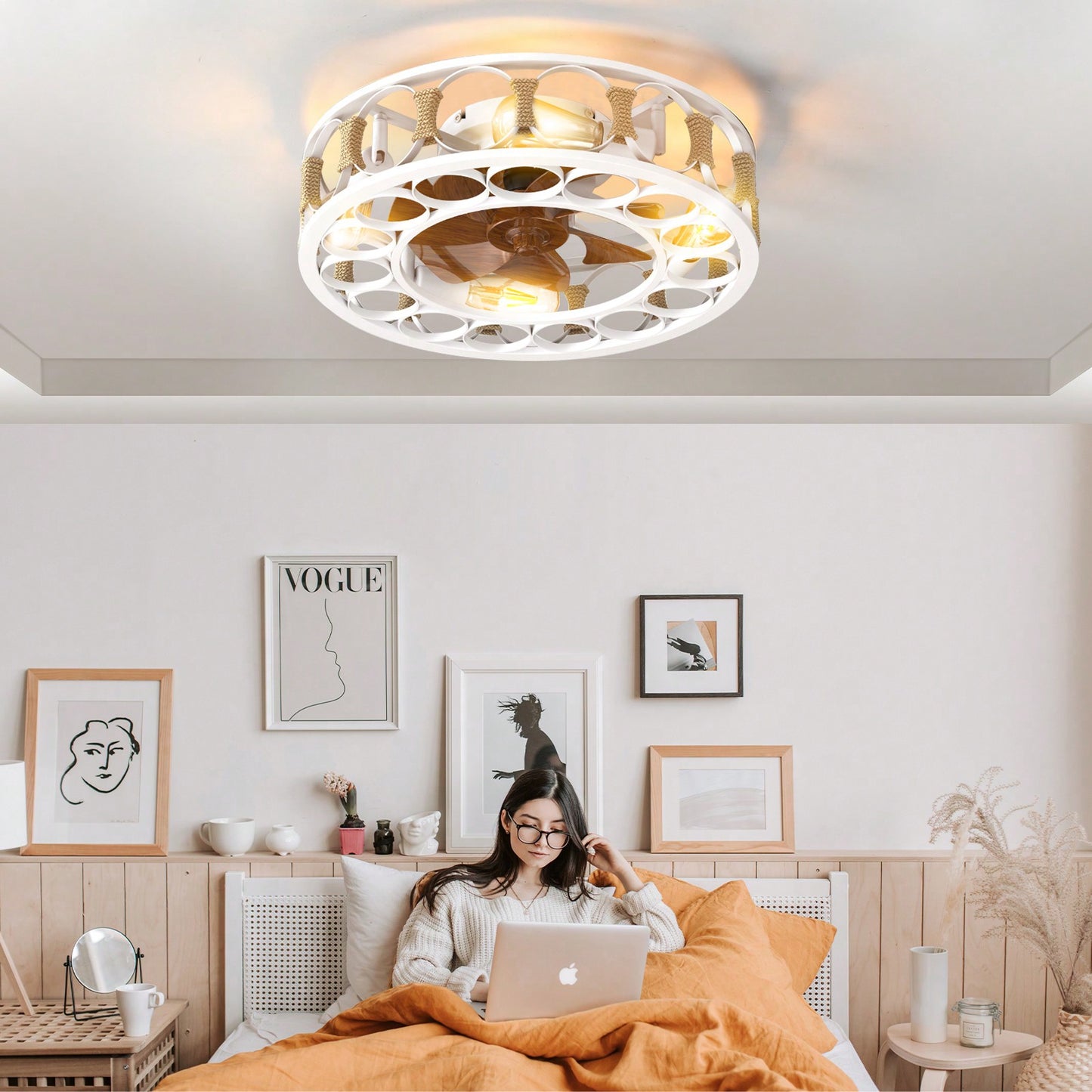 Modern Caged Ceiling Fan with Remote Control 6 Speed Reversible Blades LED Lights for Living Room Bedroom Kitchen Office Patio