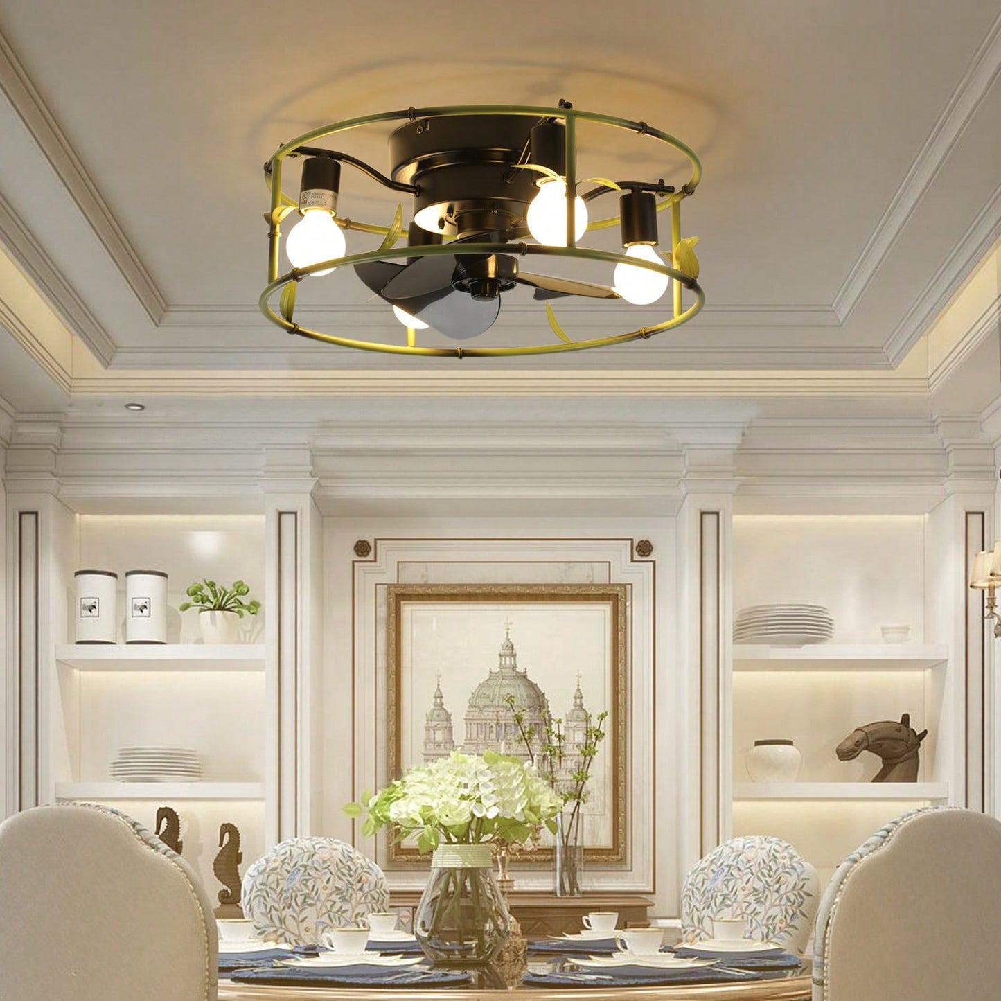 Green Caged Flush Mount Ceiling Fan with Lights and Remote for Modern Farmhouse Living Room Bedroom Kitchen